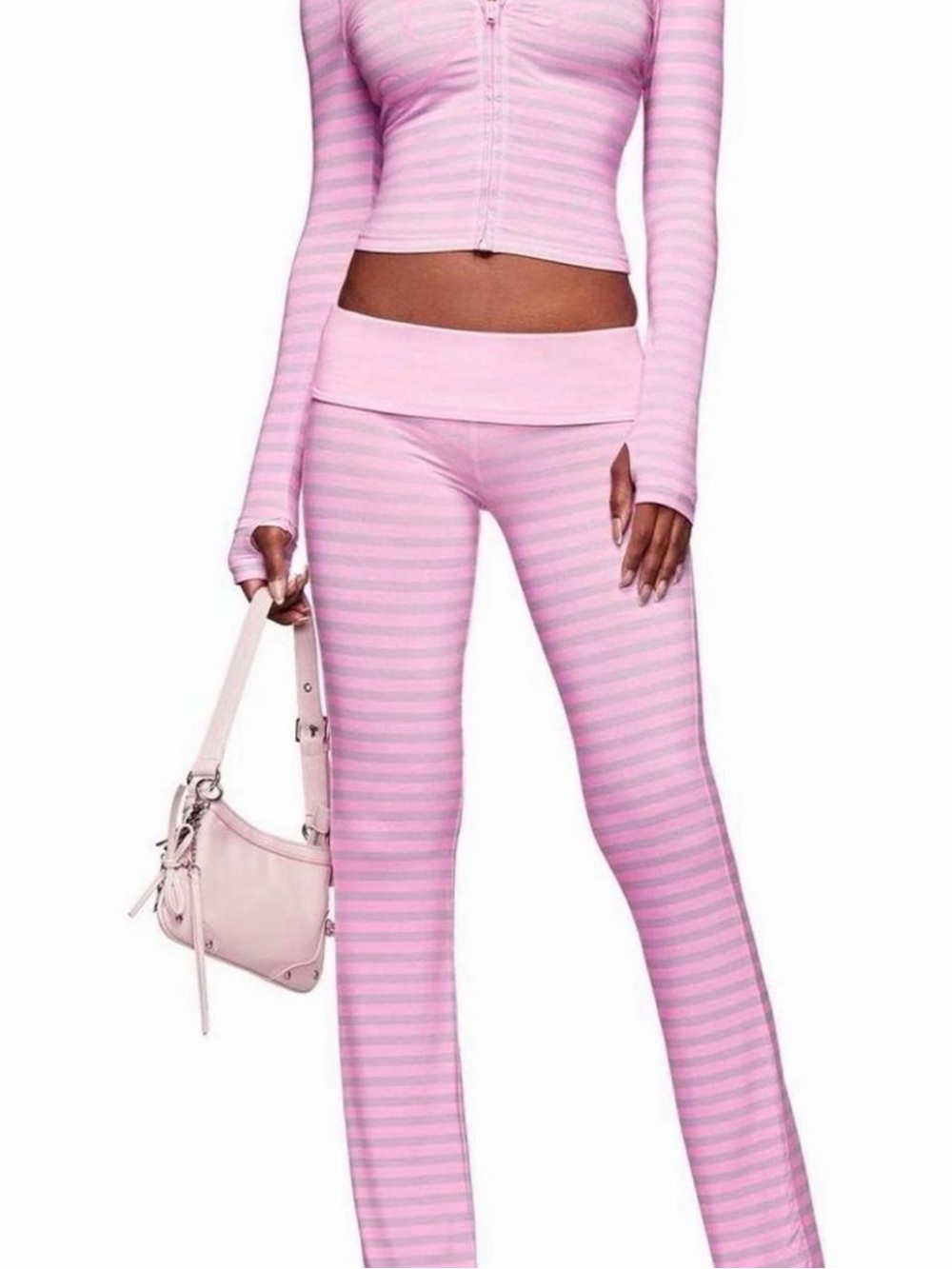 | am Gia blare light pink horizontal striped set